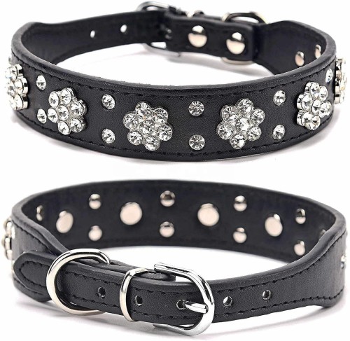 Custom-made dog collar pet supplies, set with shiny water diamond flower patterns and inlaid with seasonal light leather flowers