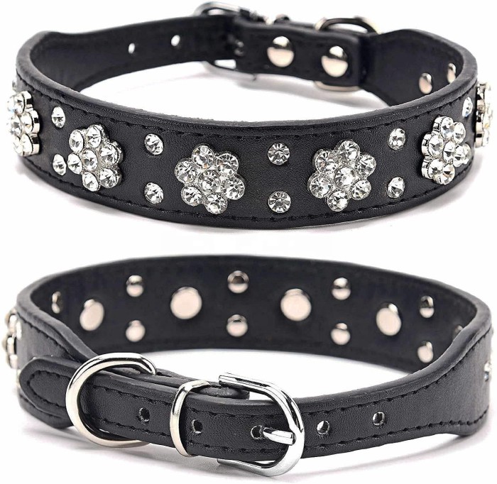 Custom-made dog collar pet supplies, set with shiny water diamond flower patterns and inlaid with seasonal light leather flowers