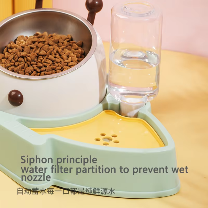 Modern plastic double-bowl cat food water bowl, an automatic cervical protection pet product