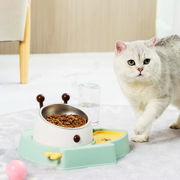 Modern plastic double-bowl cat food water bowl, an automatic cervical protection pet product