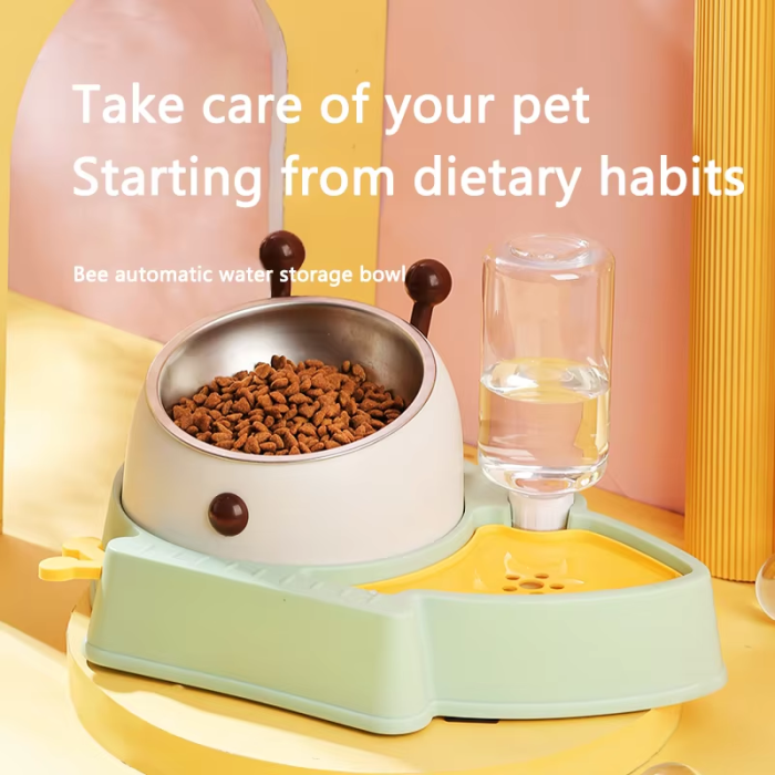Modern plastic double-bowl cat food water bowl, an automatic cervical protection pet product