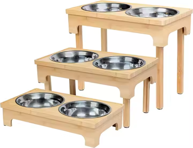 Pet supply - Adjustable bamboo high shelf dog bowl - Stainless steel cat bowl, for food and water