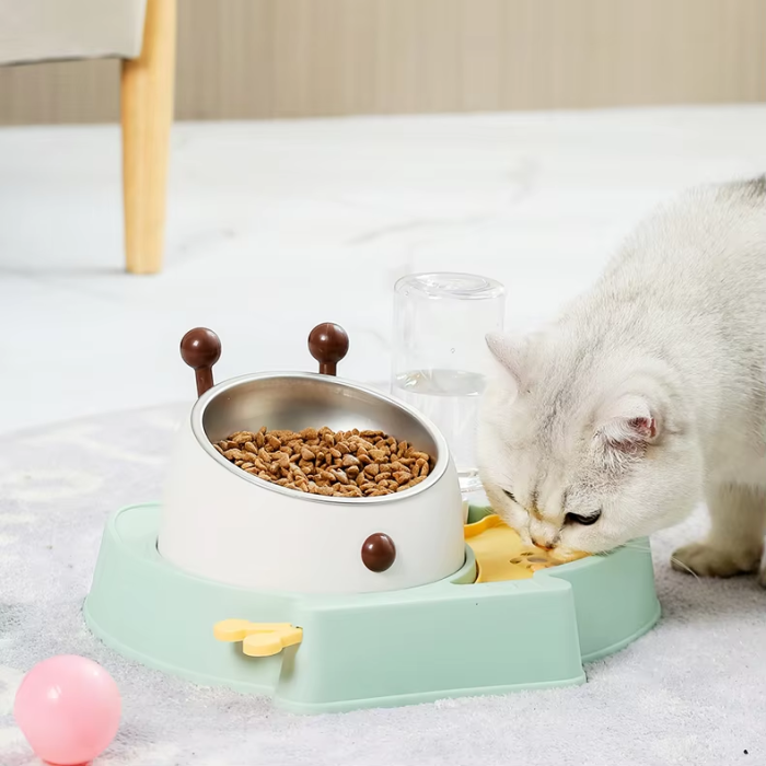 Modern plastic double-bowl cat food water bowl, an automatic cervical protection pet product
