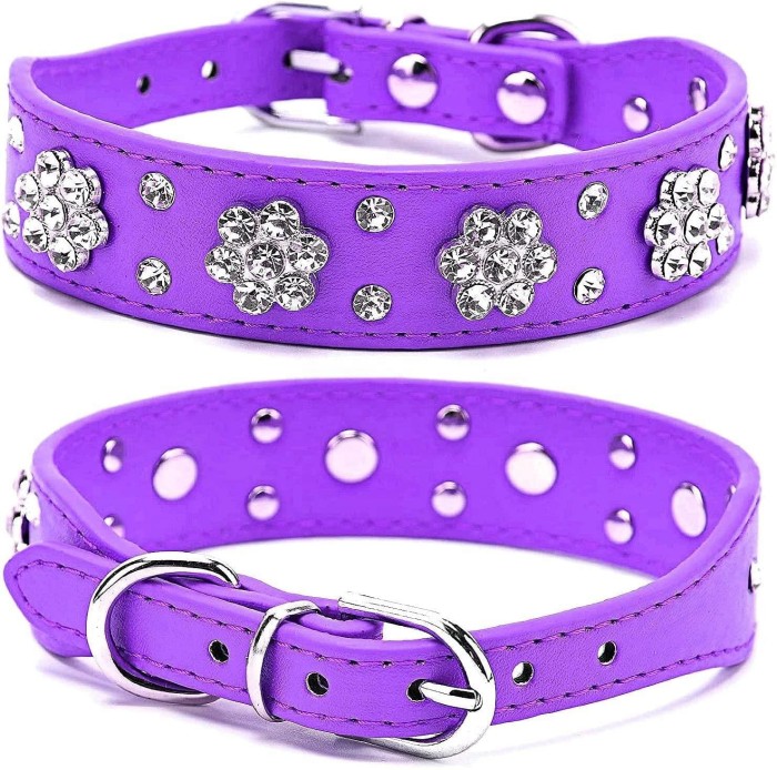Custom-made dog collar pet supplies, set with shiny water diamond flower patterns and inlaid with seasonal light leather flowers