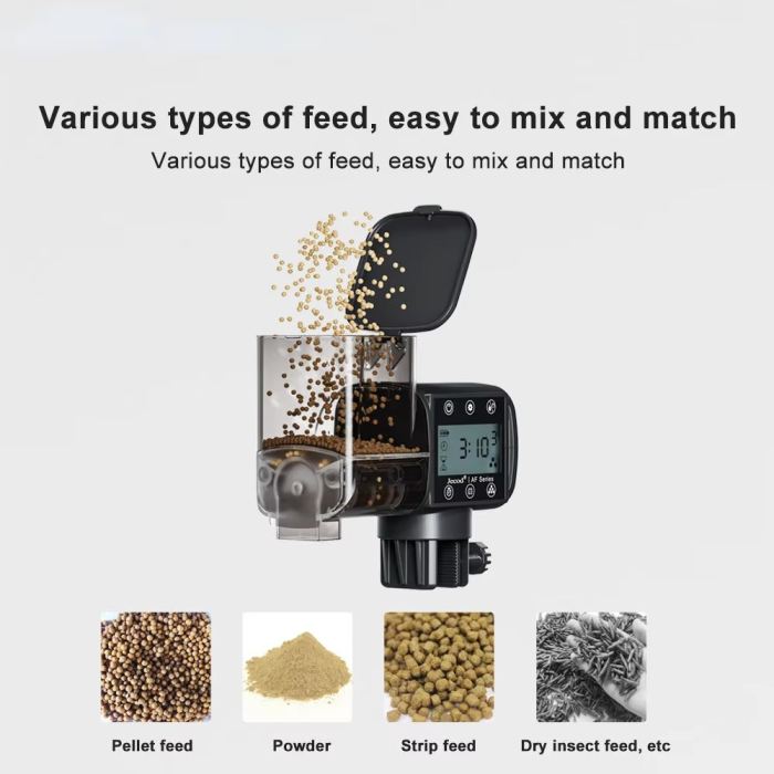 An automatic fish tank feeder with intelligent timing function, convenient for pet feeding and a consistent aquarium food distribution system