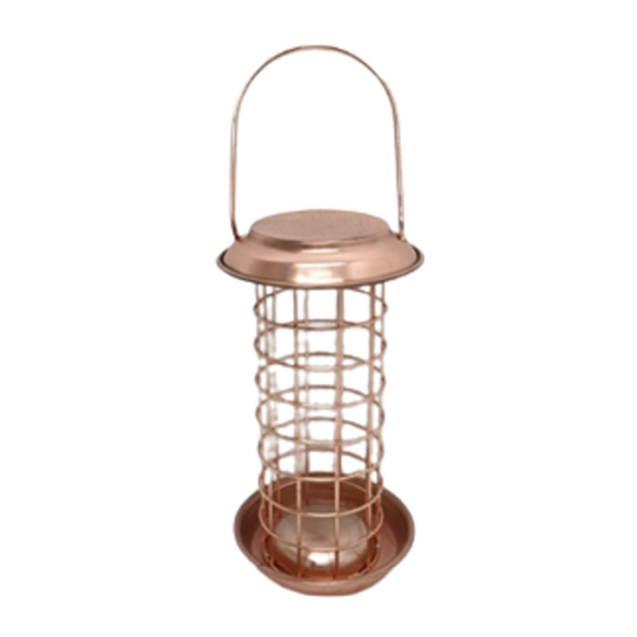 This modern bird feeder with a copper color is easy to use and refill, allowing birds to easily obtain feed from all sides
