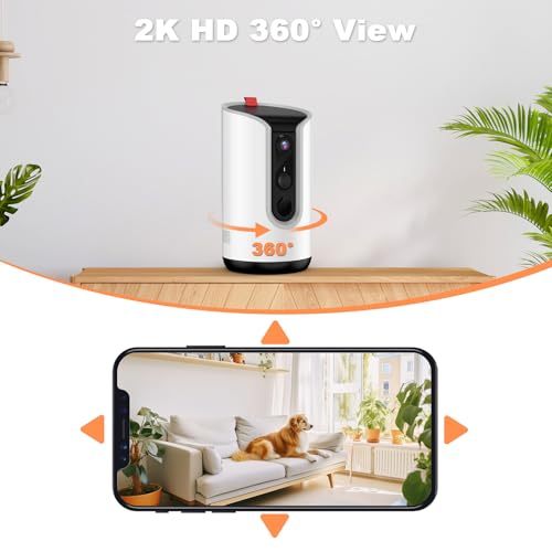 2K Pet Camera Security Dogs Camera, On-Device AI Tracking and Pet Monitoring, 360° View, with Treat Dispenser, Local Storage, 2-Way Audio, Phone App, Motion Alert
