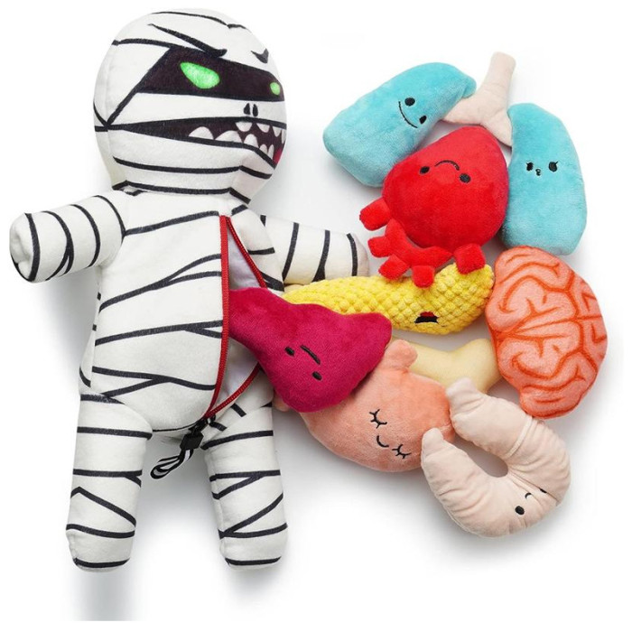 Halloween mummy indestructible dog toy with organs, funny plush squeaky dog chewing toy, interactive training hide-and-seek pet toy