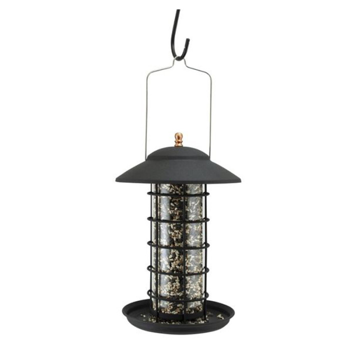 This modern bird feeder with a copper color is easy to use and refill, allowing birds to easily obtain feed from all sides