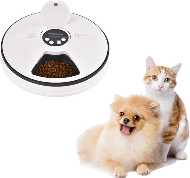 Dog timed feeder, automatic 6 separate plates, timed smart pet cat and dog food bowl feeder distributor