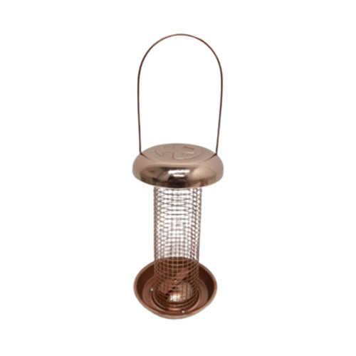 This modern bird feeder with a copper color is easy to use and refill, allowing birds to easily obtain feed from all sides