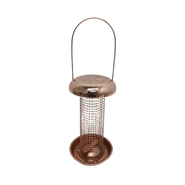 This modern bird feeder with a copper color is easy to use and refill, allowing birds to easily obtain feed from all sides