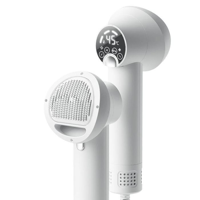 The light-emitting diode screen displays a low-noise smart two-in-one portable pet hair dryer with a pet grooming comb