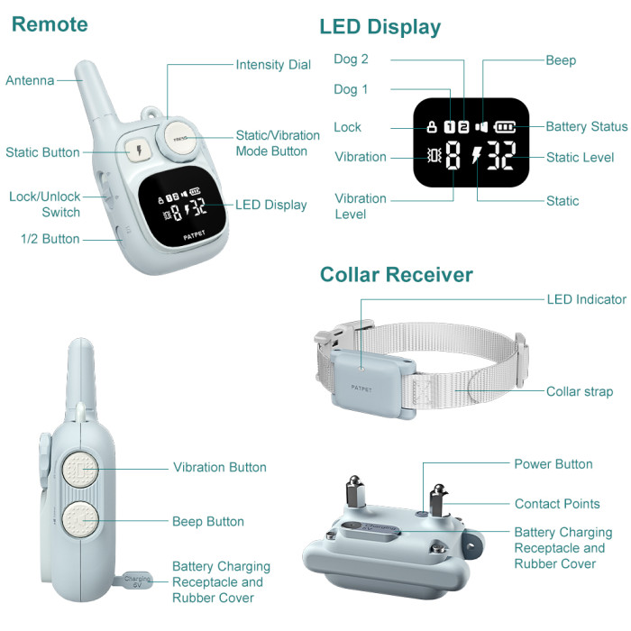 Adjustable smart dog trainer 3 mode 2000 feet control barking shock dog training collar with remote Ipx7 water resistance