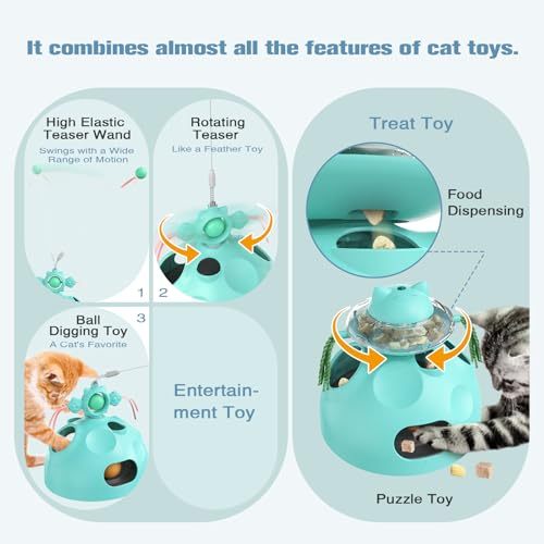 Interactive Cat Toys for Indoor Cats 4 in 1 Intelligence Kitten Wand Dancer Maze Toy Slow Food Treat Dispenser Feeder Entertainment Mental Stimulation Pet Supplies Birthday Gift