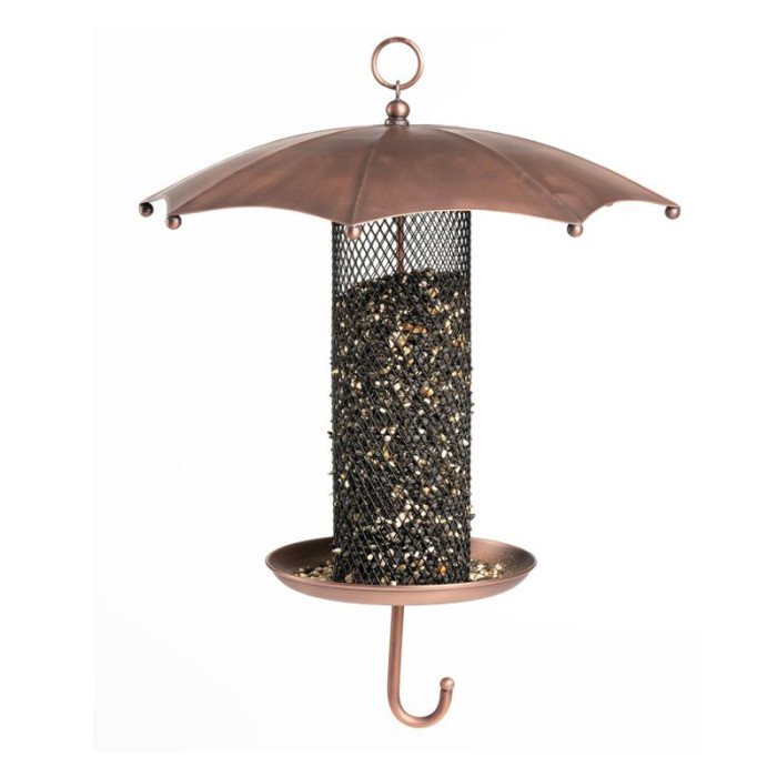 This modern bird feeder with a copper color is easy to use and refill, allowing birds to easily obtain feed from all sides