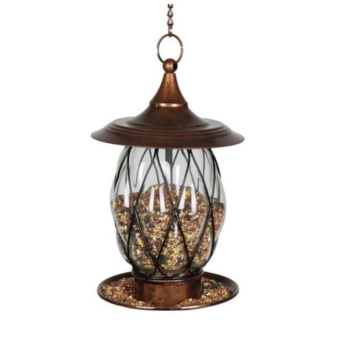 This modern bird feeder with a copper color is easy to use and refill, allowing birds to easily obtain feed from all sides