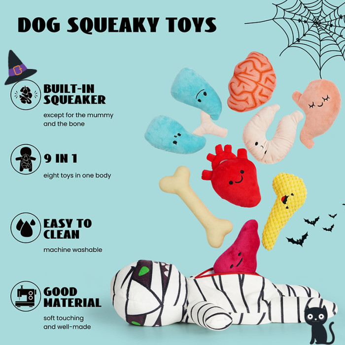 Halloween mummy indestructible dog toy with organs, funny plush squeaky dog chewing toy, interactive training hide-and-seek pet toy