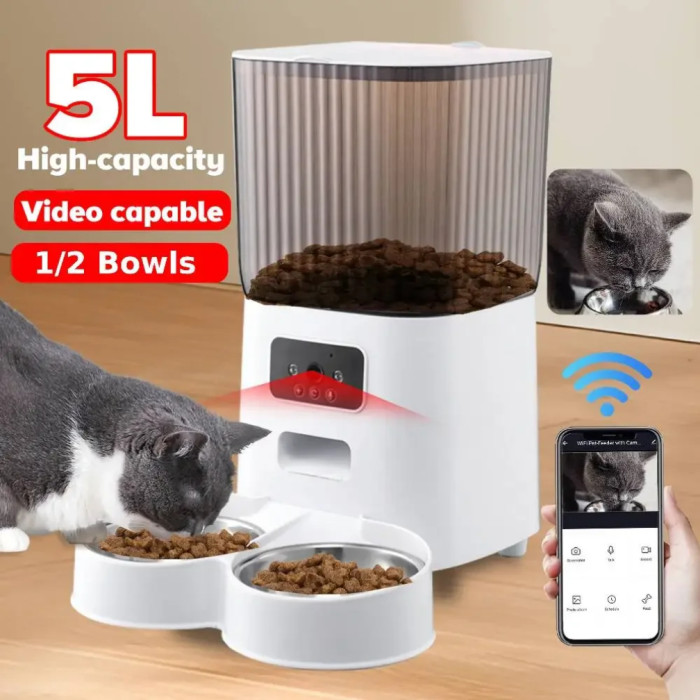5L automatic feeder cat WiFi with camera high-definition intelligent interactive pet food dispenser timer stainless steel