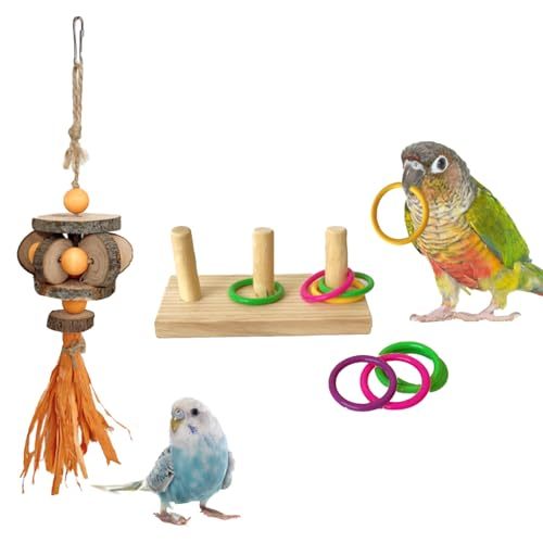 Parrot Intelligence Training Toys Set, Colorful Stackable Rings Training Toy (9 Pcs Rings), Natural applewood Parrot Tearing Toy,Wooden Bird Cage Toy Suitable for Most Pet Birds