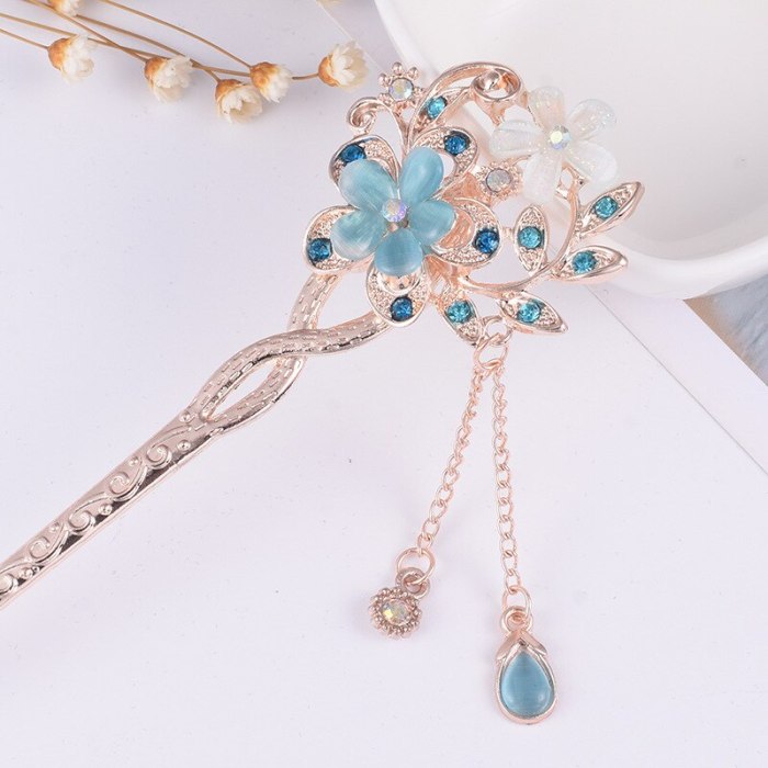 Wholesale Cat Eye Stone Hair Pin Double Flower Hair Clip Classical Hairpin Barrette Hair Accessories national wind headweard