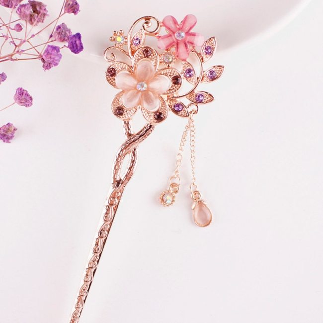 1PCS Cat Eye Stone Hair Pin Double Flower Hair Clip Classical Hairpin Barrette Hair Accessories national wind headweard