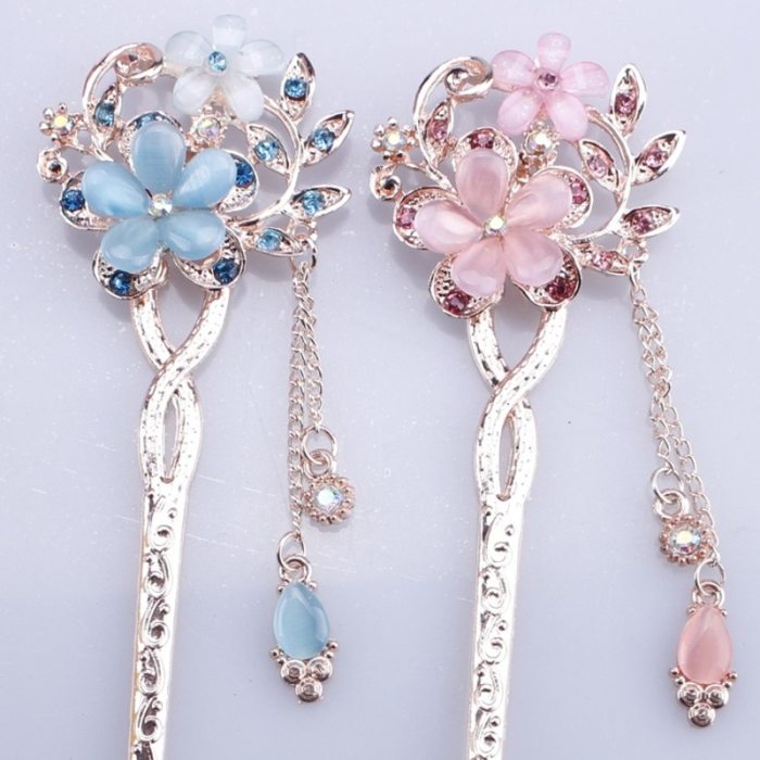 1PCS Cat Eye Stone Hair Pin Double Flower Hair Clip Classical Hairpin Barrette Hair Accessories national wind headweard