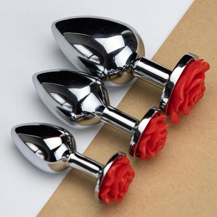 3pcs Stainless Steel Booty Sparks Red Rose Anal Plugs Kit