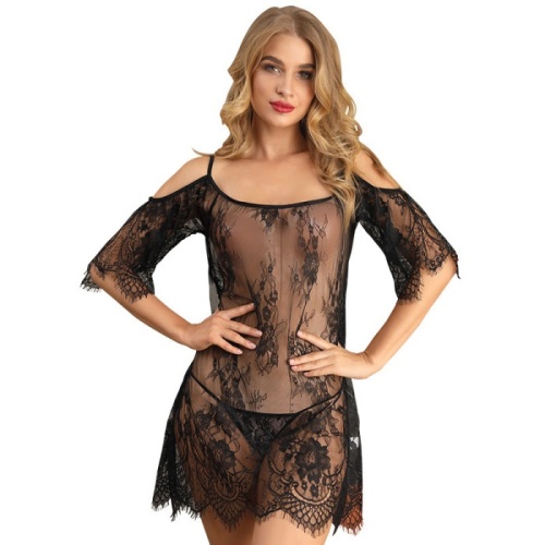 Black High Lace Neck Net Mini Dress