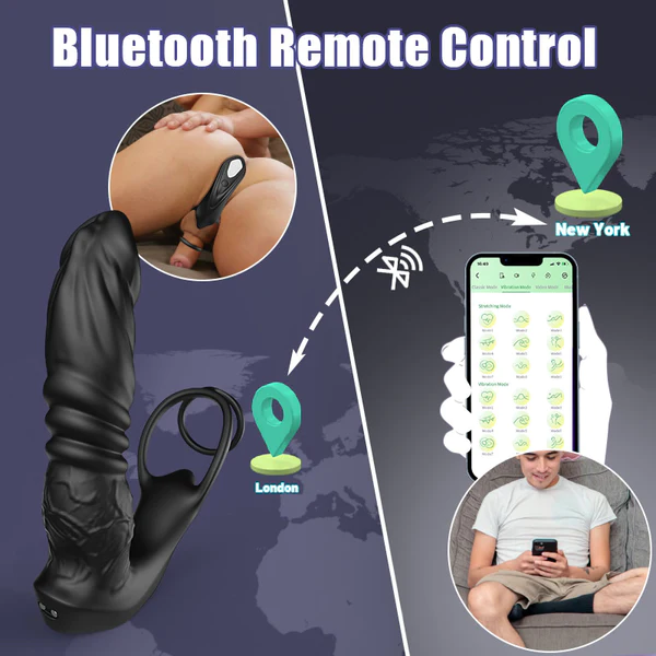 Hellofuntoys™ Bluetooth Remote Control 9 Thrusting Vibrating Prostate Massager with Penis Ring