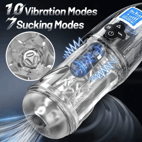 Hellofuntoys™ Fully Transparent Vibrating Sucking Voice Male Mechanical Stroker