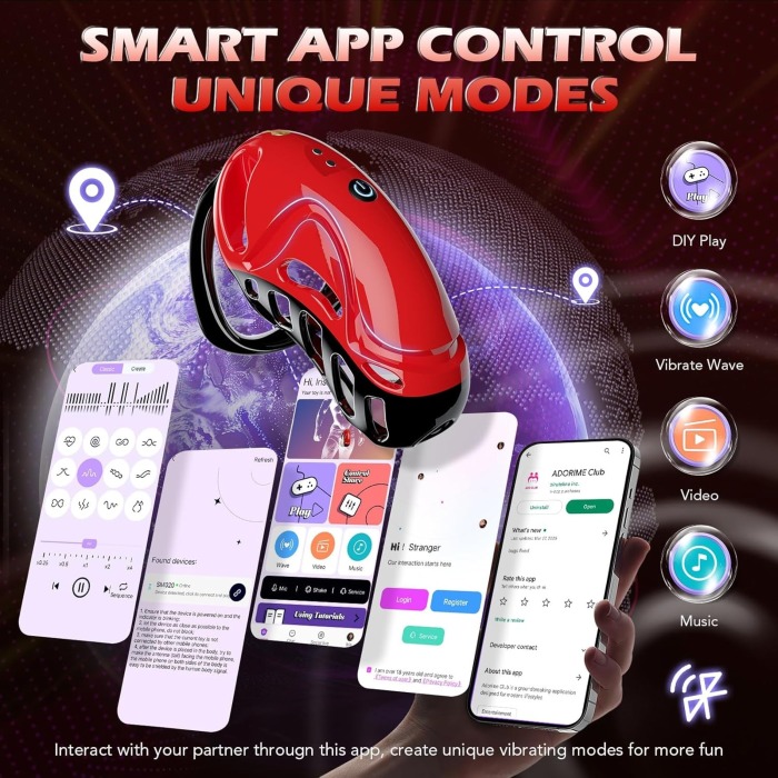 App & Remote Control 10 Vibration Modes Penis Cage with 5 Rings 2 Keys