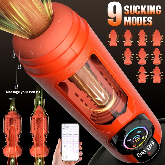 APP Control 9 Thrusting Vibrating & 9 Sucking Licking Male Masturebator
