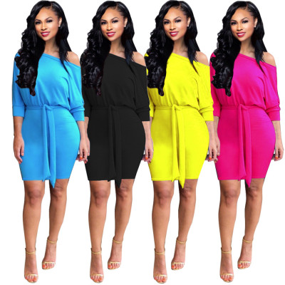 Online Sale Pure Color Oblique Shoulder Belted Dress A8466