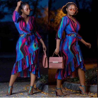 Sexy V Neck Bandage Top Ruffled Skirt Printed Lady Suits HHM6092