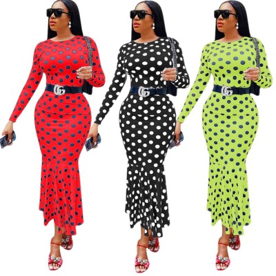 Women Casual Polka Dot Long Sleeves Bodycon Dress YMT6098