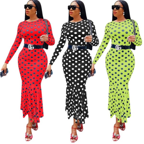 Women Casual Polka Dot Long Sleeves Bodycon Dress YMT6098