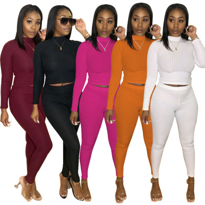 Fashion Striped Solid Color Round Neck Long Sleeves Top With Trousers Two Piece Set TY1873