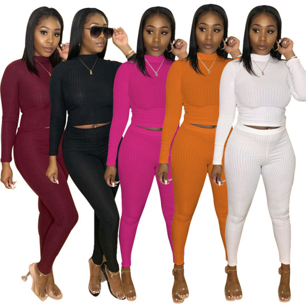 Fashion Striped Solid Color Round Neck Long Sleeves Top With Trousers Two Piece Set TY1873