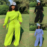 Sexy Solid Color Round Neck Long Sleeves Mini Top With Drawstring Trousers Two Piece Set OL6021