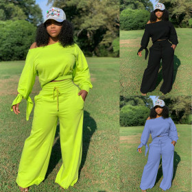 Sexy Solid Color Round Neck Long Sleeves Mini Top With Drawstring Trousers Two Piece Set OL6021
