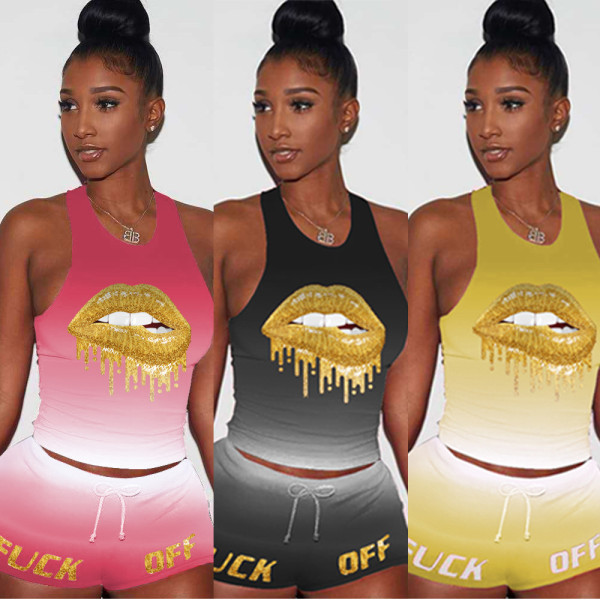 Gradient personality lips sports shorts suit TK6086