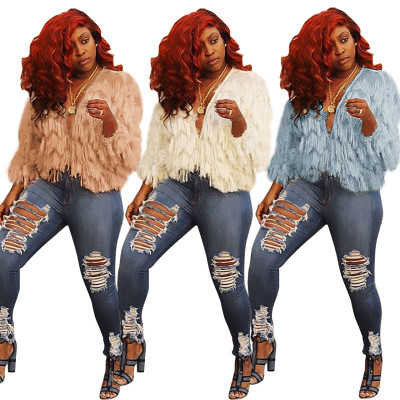 HOT SALE  Solid Tassel Fringe Deep V Neck Short Sweaters Q174
