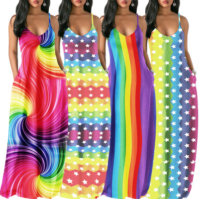 Loose Fitting Printing Spaghetti Strap Floor Length Dress MA6202