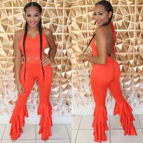 Hot Sale Bandage Solid Color Backlesss Ruffle Jumpsuit D8305