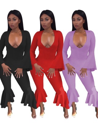 Sexy Bare Breast Irregular Flare Sleeve Flare Pants Jumpsuit W878