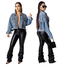 Women Acid?Washes Loose Denim Jacket With Rivets SMR9509