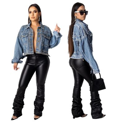 Women Acid?Washes Loose Denim Jacket With Rivets SMR9509