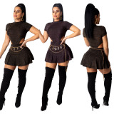 Black/Purple Women Sets Short Sleeves Bodysuit Pleated Skirt CY1210