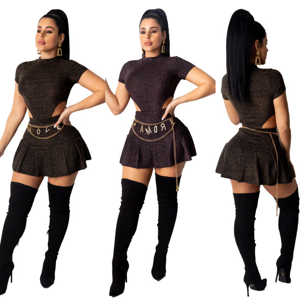 Black/Purple Women Sets Short Sleeves Bodysuit Pleated Skirt CY1210